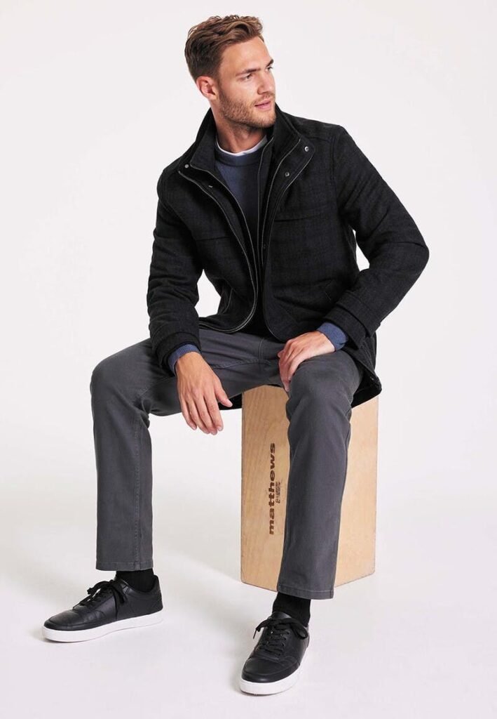 Men's Black Check Funnel Neck Coat - Best Affordable winter coat.