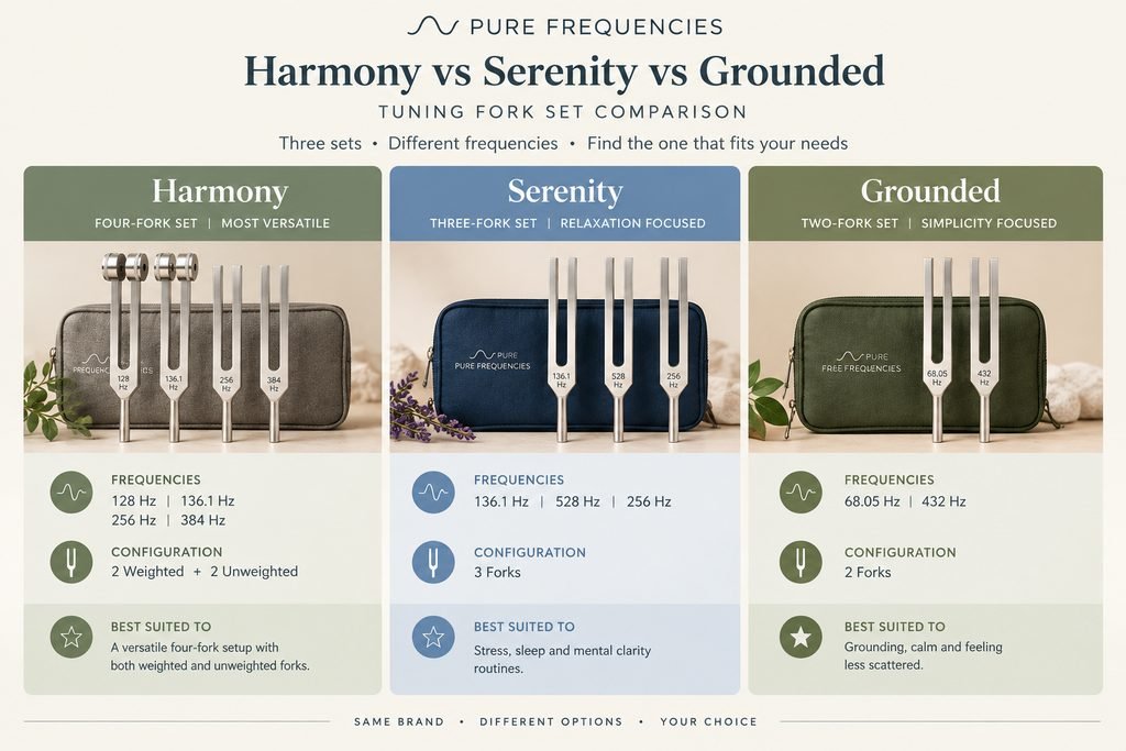 Comparison of Pure Frequencies Harmony Serenity and Grounded tuning fork sets